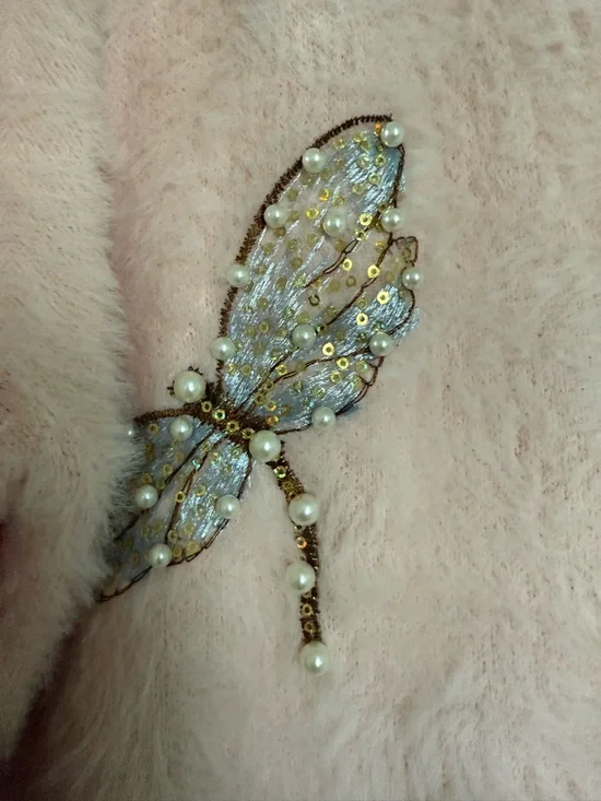 Hand Embroidered Sequin Pink Embellished Butterfly Fuzzy Cardigan Sweater NWOT - Picture 5 of 16